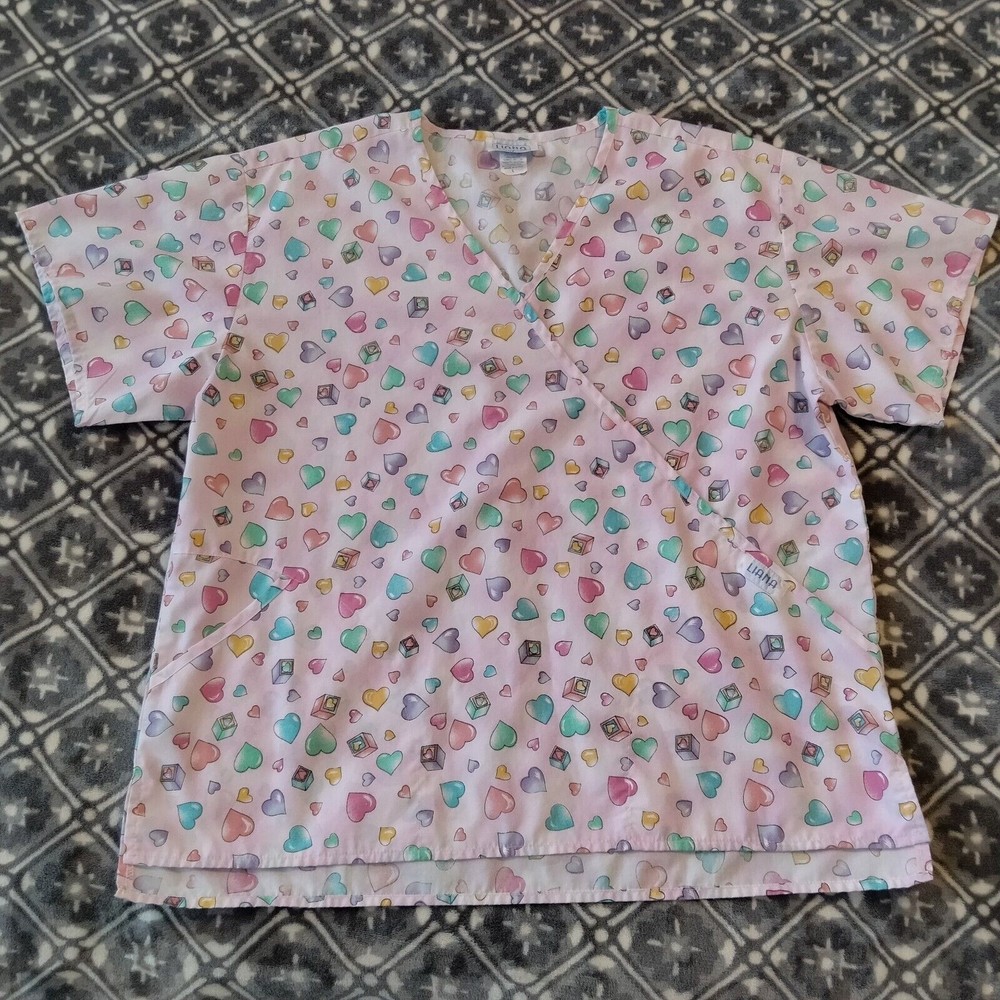 Liana Uniform Scrub Shirt Top Size L Pink Hearts Blocks Faux Wrap Medical Flaw